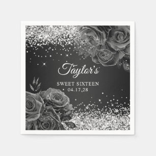 Glittery Silver Black Floral Glam Sweet Sixteen Napkins