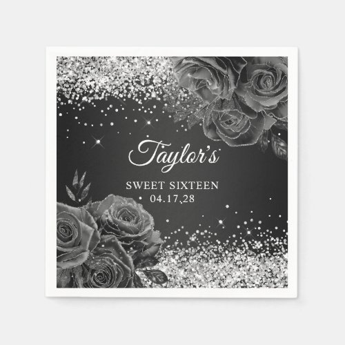 Glittery Silver Black Floral Glam Sweet Sixteen Napkins