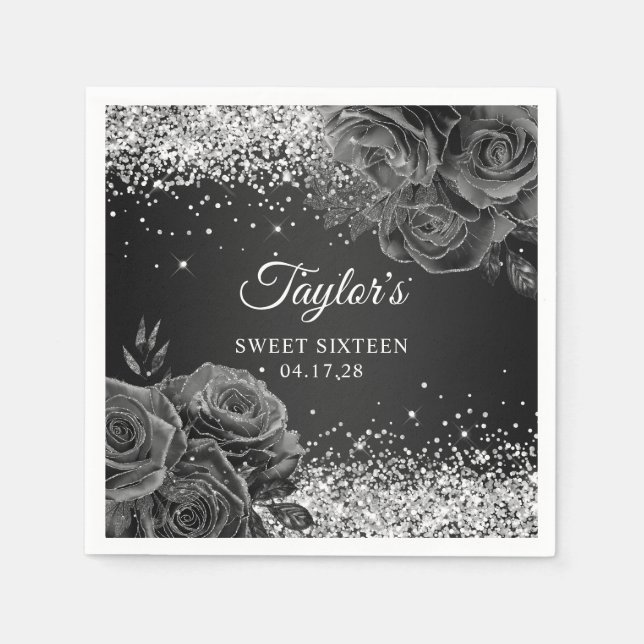 Glittery Silver Black Floral Glam Sweet Sixteen Napkins (Front)