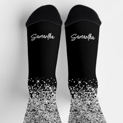 Glittery Silver Black Glam Brush Script Name Socks