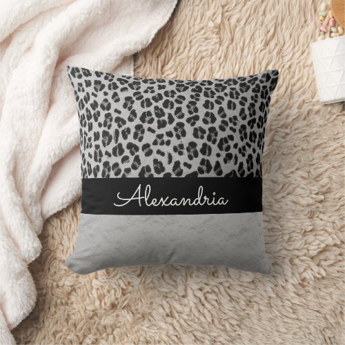 Glittery Silver Black Leopard Personalized  Throw Pillow