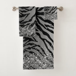 Glittery Silver Black Zebra Safari Print Bath Bath Towel Set