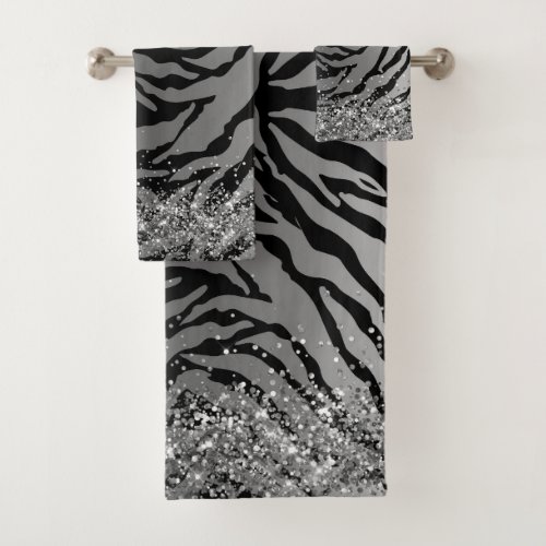 Glittery Silver Black Zebra Safari Print  Bath  Bath Towel Set