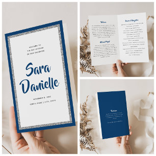 Glittery Silver & Blue Bat Mitzvah Folded Program Flyer