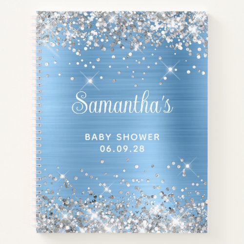 Glittery Silver Blue Foil Baby Shower Guest Notebook