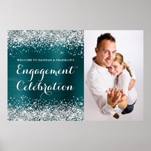 Glittery Silver Blue Teal Engagement Celebration Poster