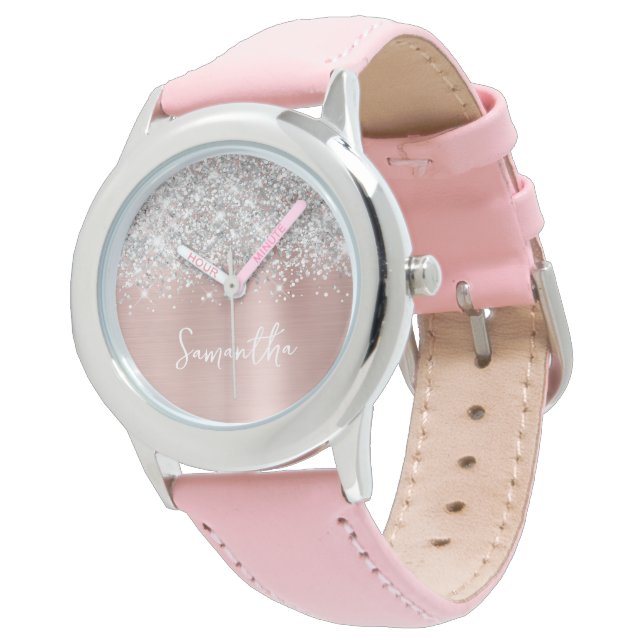 Glittery Silver Blush Pink Glam White Name Watch (Angled)