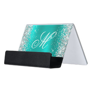 Glittery Silver Bright Turquoise Glam Monogrammed Desk Business Card Holder
