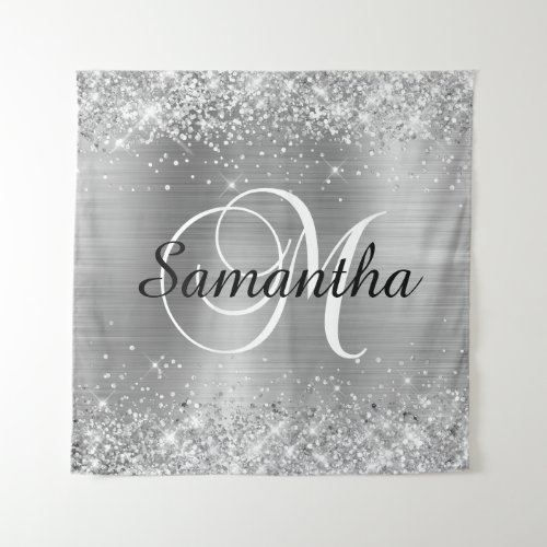 Glittery Silver Classic Script M Monogram Tapestry