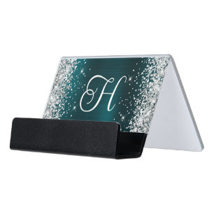 Glittery Silver Dark Turquoise Glam Monogrammed Desk Business Card Holder