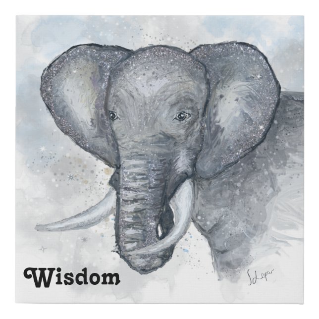 Glittery Silver Elephant with an Inspiring Word Faux Canvas Print (Front)