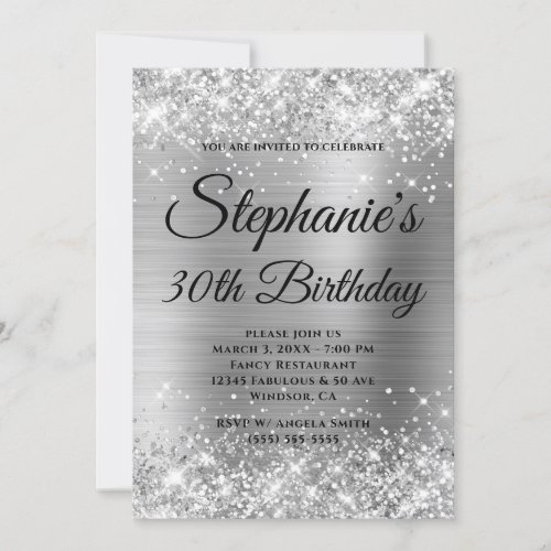 Glittery Silver Fancy Monogram 30th Birthday Invitation