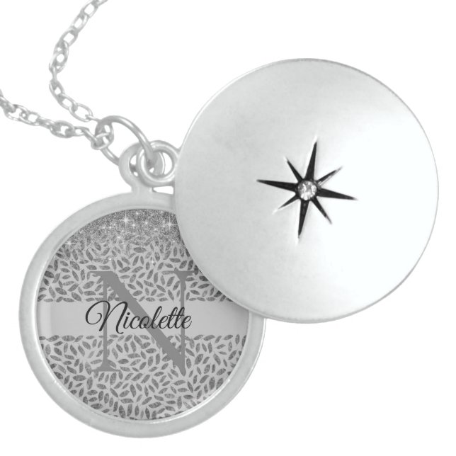 Glittery Silver Feathers Monogram Personalized   Locket Necklace (Front)