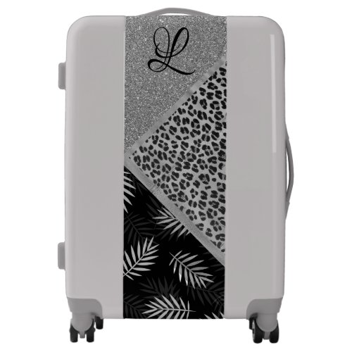 Glittery Silver Ferns Leopard Monogram   Luggage