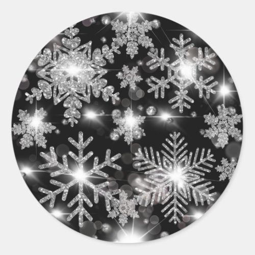 Glittery silver festive snowflake pattern   classic round sticker