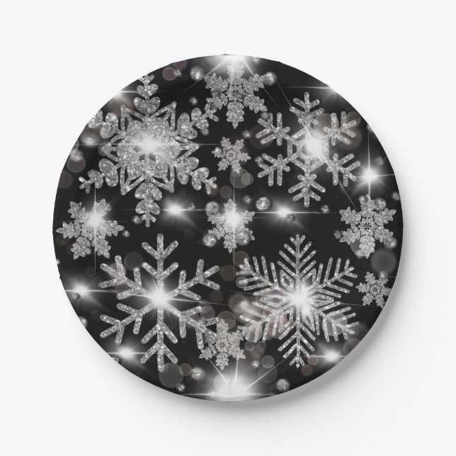 Glittery silver festive snowflake pattern  paper plates (Front)