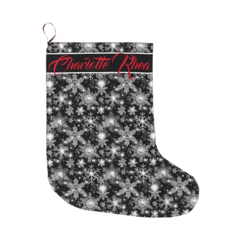 Glittery silver festive snowflakes pattern  large christmas stocking