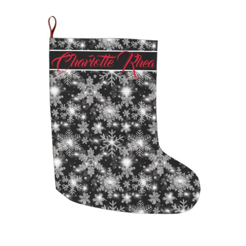 Glittery silver festive snowflakes pattern  large christmas stocking