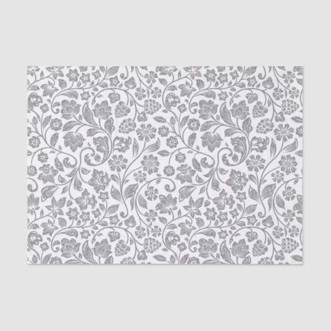 Glittery Silver Floral on White Tissue Paper (Front)