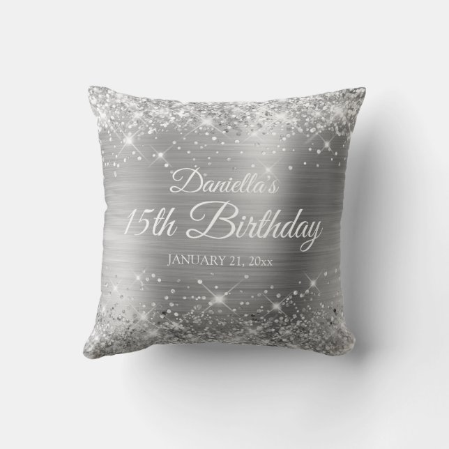 Glittery Silver Foil 15th Birthday Throw Pillow (Back)