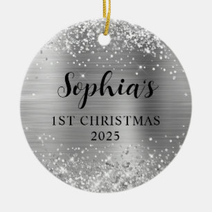 Glittery Silver Foil 1st Christmas Photo Ceramic Ornament