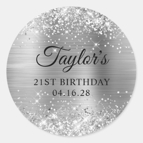 Glittery Silver Foil 21st Birthday Classic Round Sticker