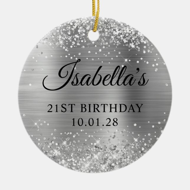 Glittery Silver Foil 21st Birthday Photo Ceramic Ornament (Front)