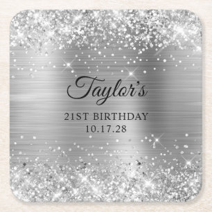 Glittery Silver Foil 21st Birthday Square Paper Coaster