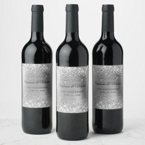 Glittery Silver Foil 25th Wedding Anniversary Wine Label