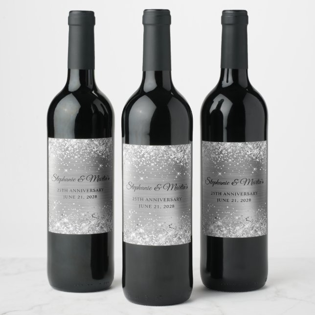 Glittery Silver Foil 25th Wedding Anniversary Wine Label (Bottles)