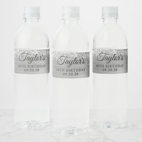Glittery Silver Foil 40th Birthday Water Bottle Label