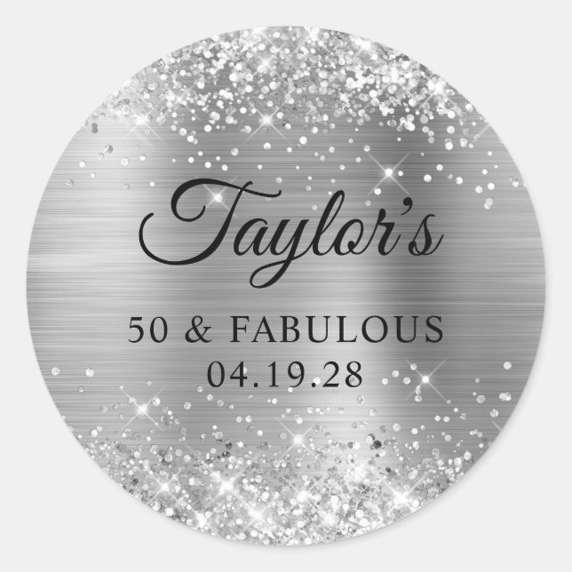 Glittery Silver Foil 50 & Fabulous Classic Round Sticker (Front)