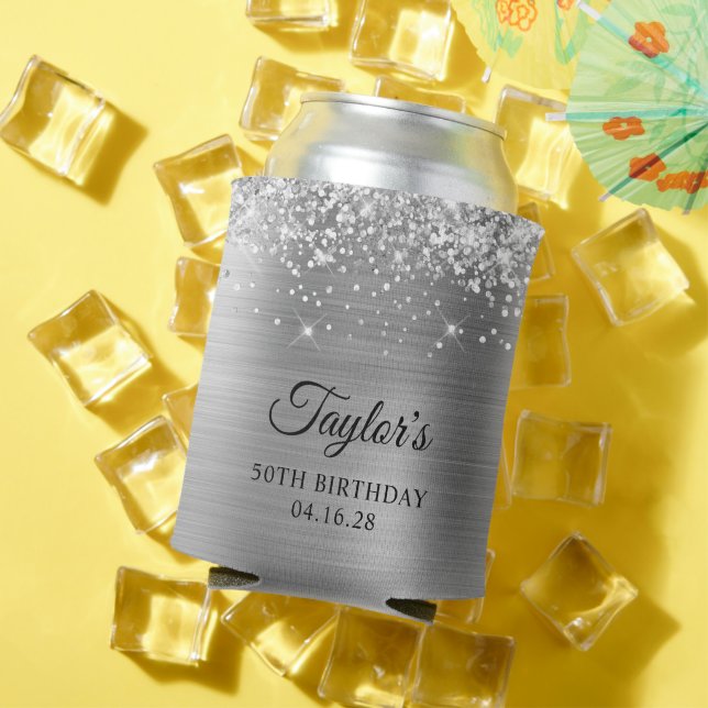 Glittery Silver Foil 50th Birthday Can Cooler (In Situ Summer)