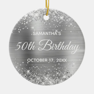 Glittery Silver Foil 50th Birthday Ceramic Ornament