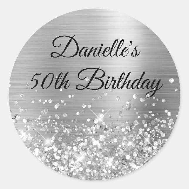 Glittery Silver Foil 50th Birthday Classic Round Sticker (Front)
