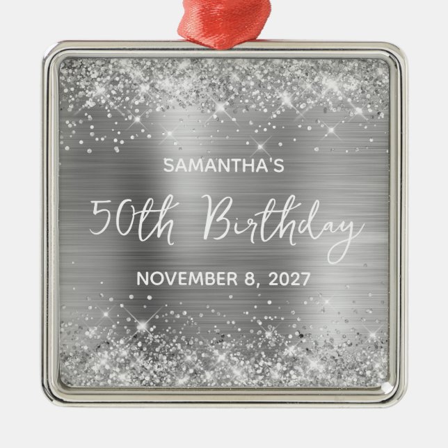 Glittery Silver Foil 50th Birthday Metal Ornament (Front)