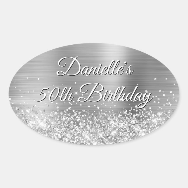 Glittery Silver Foil 50th Birthday Oval Sticker (Front)
