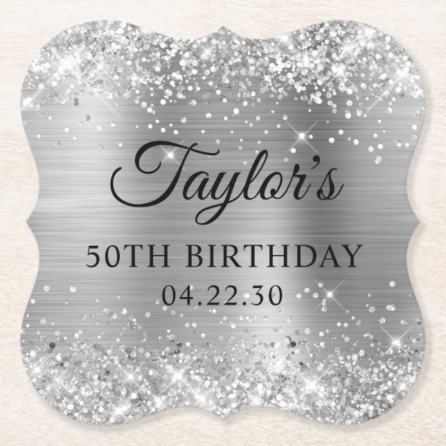 Glittery Silver Foil 50th Birthday Paper Coaster (Front)
