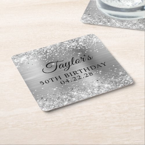 Glittery Silver Foil 50th Birthday Square Paper Coaster