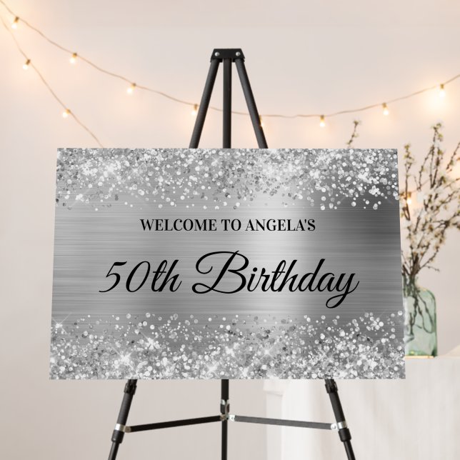 Glittery Silver Foil 50th Birthday Welcome Foam Board (In Situ (Stand))