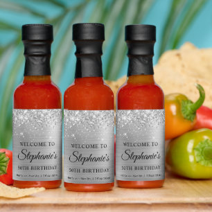 Glittery Silver Foil 50th Birthday Welcome Hot Sauces
