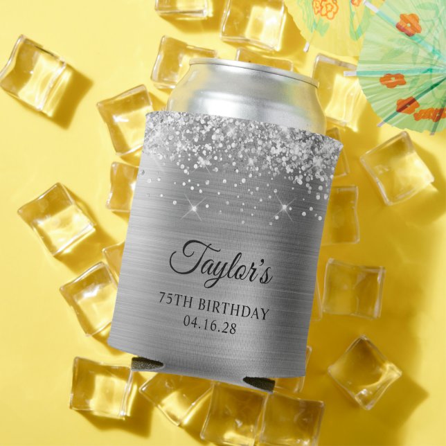 Glittery Silver Foil 75th Birthday Can Cooler (In Situ Summer)