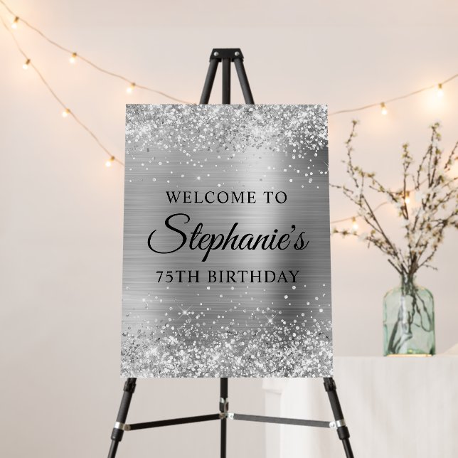 Glittery Silver Foil 75th Birthday Welcome Foam Board (In Situ (Stand))