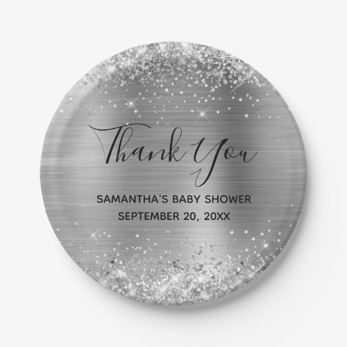Glittery Silver Foil Baby Shower Thank You Paper Plates