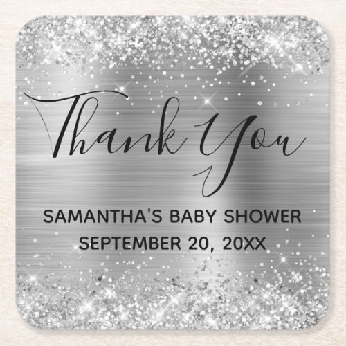 Glittery Silver Foil Baby Shower Thank You Square Paper Coaster