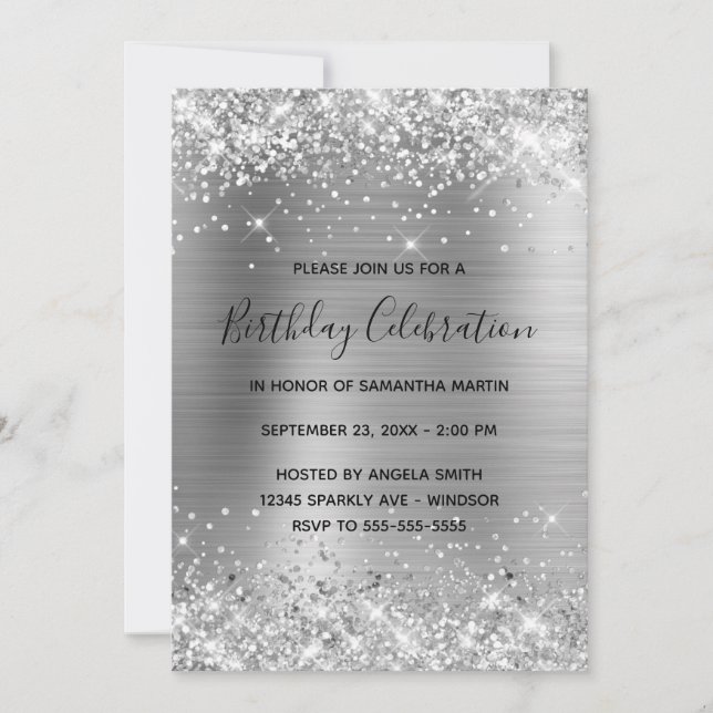 Glittery Silver Foil Birthday Celebration Invitation (Front)