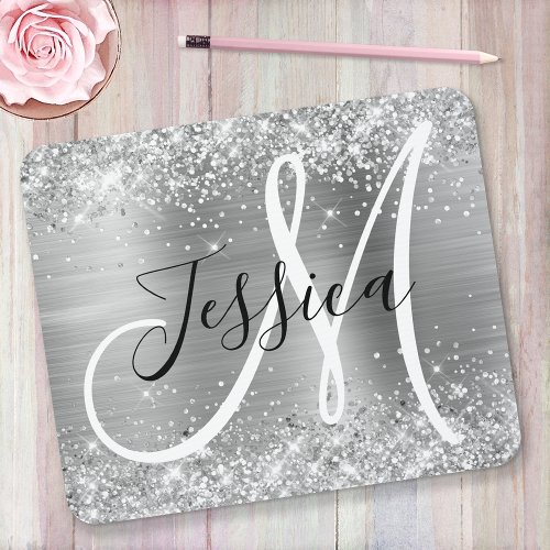 Glittery Silver Foil Black and White Monogram Mouse Pad