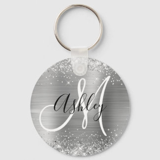 Glittery Silver Foil Black and White Monogrammed Keychain