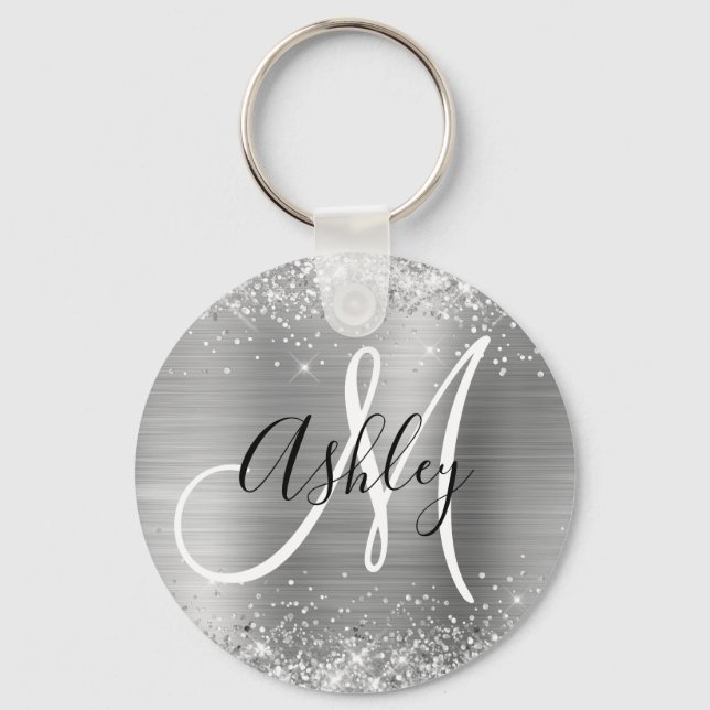 Glittery Silver Foil Black and White Monogrammed Keychain (Front)
