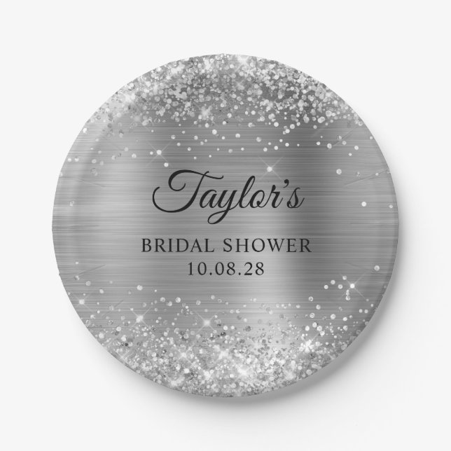 Glittery Silver Foil Bridal Shower Paper Plates (Front)